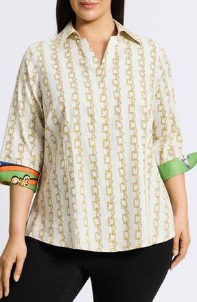 Foxcroft Taylor Chain Stripe Cotton Button-Up Shirt in Ivory Multi at Nordstrom Rack, Size 18W
