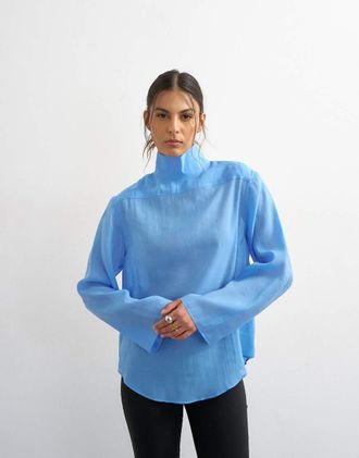 Topshop Camicia a maniche lunghe con collo a imbuto al contrario blu fiordaliso