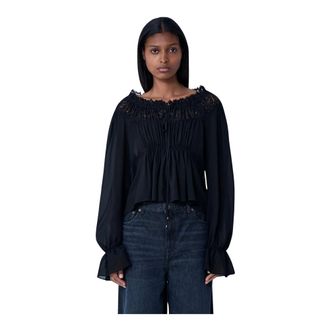 Chloé Overhemden, Dames, Zwart, S, Gerimpelde Lace-Trim Top met Koord