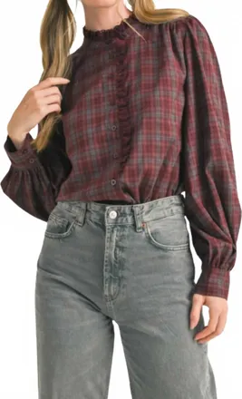Merci Winnie Button Down Top In Wine Plaid
