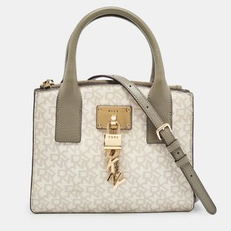 DKNY Dkny Grey/beige Signature Coated Canvas And Leather Padlock Charm Tote