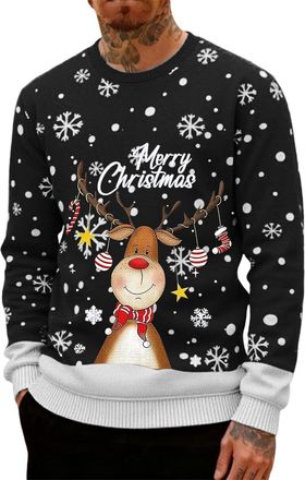Generic Christmas Jumpers for Men UK Funny Ugly Reindeer Print 3D Graphic Tops Oversized Novelty Xmas Sweatshirt Crew Neck Long Sleeve Pullover Sweater Mens H