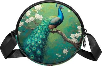 Generic Circle Crossbody Bag for Women, Peacock and White Flowers Small Sling Bag Daypack with Zipper Adjustable Shoulder Straps Casual Ladies Girls Round Pur
