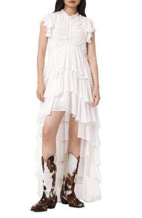 AllSaints Shaela Tiered Ruffle High-Low Dress in Optic White at Nordstrom, Size 6 Us