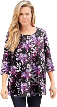 Roaman's Plus Size Ultimate Three Quarter Sleeve Swing Tee in Black Berry Garden at Nordstrom, Size 20