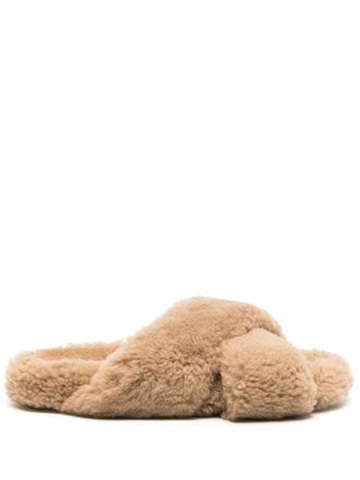 Yves Salomon crossover-strap shearling slippers - Neutrals