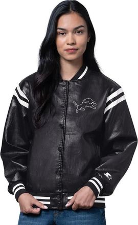 Starter Womens Starter Black Detroit Lions High Heat Vegan Leather Full-Snap Varsity Jacket at Nordstrom, Size Xx-Large