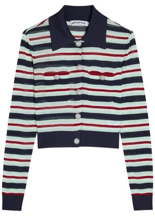 Self Portrait Embellished Striped-intarsia Knitted top - Blue - L (UK14 / L)