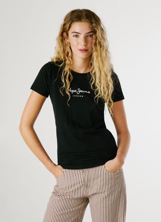 Pepe Jeans London T-Shirt PEPE JEANS NEW VIRGINIA, Damen, Gr. S (36), schwarz (schwarz 999), Single Jersey, Obermaterial: 95% Baumwolle, 5% Elasthan, bedruckt, figurums