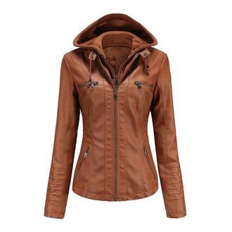 Dissa Womens Brown Faux Leather Biker Jacket Short PU Moto Biker Outwear Vintage Fitted Jacket Hooded Spring and Autumn Coat,PP005,M