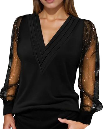 Generic Sparkly Tops for Women UK Sequin Top Christmas Party Wear Lace Mesh Sheer Long Sleeve Top Crew Neck Sequin Tee Shirts Glitter Tops T Shirt Baggy Tunic