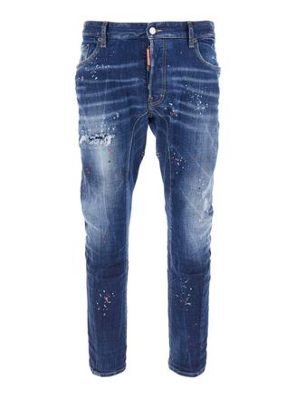 Dsquared2 Tidy Biker Blue Jeans With Paint Embellishments And Logo Patch On The Rear In Denim Man