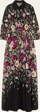 Teri Jon Floral-Print Chiffon Shirt Gown
