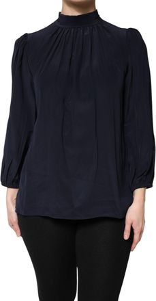 Dolce & Gabbana Womens Blue Silk Mock Neck Long Sleeves Blouse Top