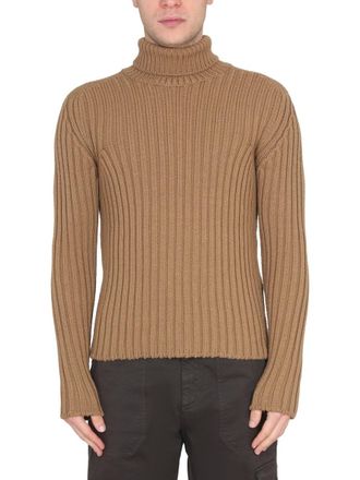 Ten c Wool Ribbed Knit Turtleneck Sweater - Beige