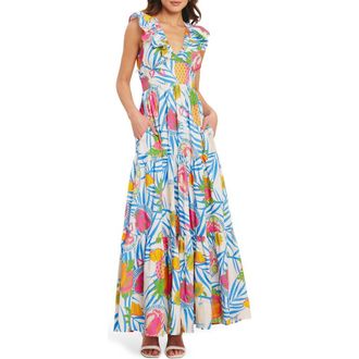 Flying Tomato Tropical Print Sleeveless Cotton Maxi Dress in Off White Multi at Nordstrom Rack, Size Medium