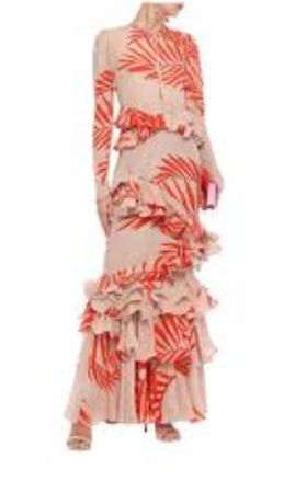 Johanna Ortiz Johana Ortiz Beige and Orange Palm Print Ruffled Silk Maxi Dress Size XS