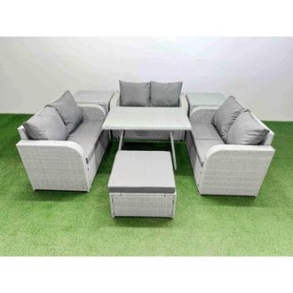 Fimous Rattan Garden Furniture Dining Set 7-seater Patio Rectangular Table Love Sofa Set with 2 Side Tables Big Stool - Fimous