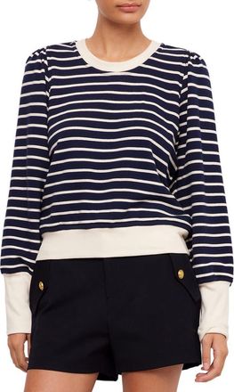 Fifteen Twenty Striped Contrast Bishop Sleeve Cotton Top in Navy W/Off White at Nordstrom, Size X-Small