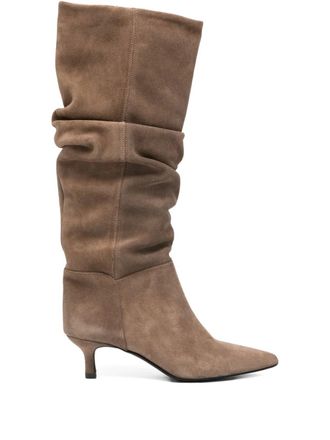 Gis&egrave;l moir&egrave; 50mm Morgan pointed ruched knee-high boots - Brown