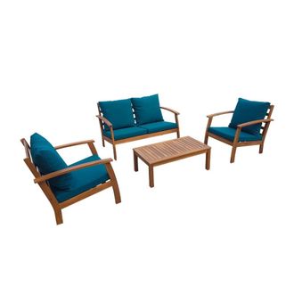 Sweeek Conjunto de jard&iacute;n de madera 4 plazas cojines azul