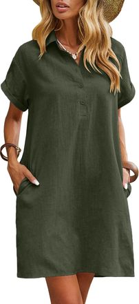 Zeagoo Womens V Neck Short Sleeve Shirt Dress Elegant Summer Linen Casual Solid Color Short Dress Army Green XL