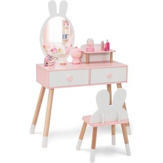 Costway Costway Tocador De Mauillaje 2 En 1 Para Ni&ntilde;a, Juego De Mesa Y Silla, Escritorio Espejo Para Maquillaje, Juego De Tocador Con Patas De Madera (blanco)