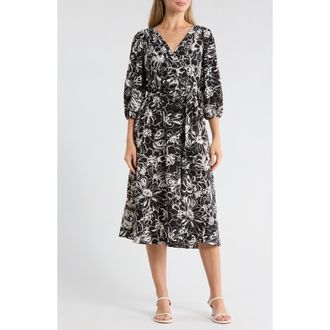 DKNY Surplice Three-Quarter Balloon Sleeve Midi Dress in Caf Floral- Black/Ivory at Nordstrom Rack, Size 18 (Similar To 14W)