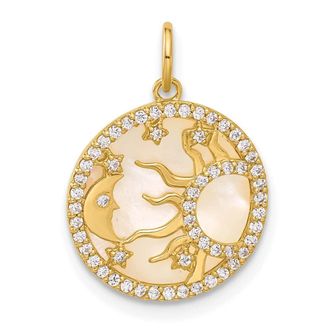 Diamond2Deal 10k Yellow Gold Polished Cubic Zirconia and Mother of Pearl Sun Moon and Stars Disc Charm Pendant