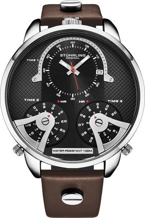 St&uuml;hrling Mens TerraTime Triple-Time 4051 Quartz 50mm - Silver Stainless Steel - One Size
