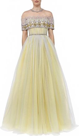 Reem Acra Strapless Gathered Tulle Gown In Yellow