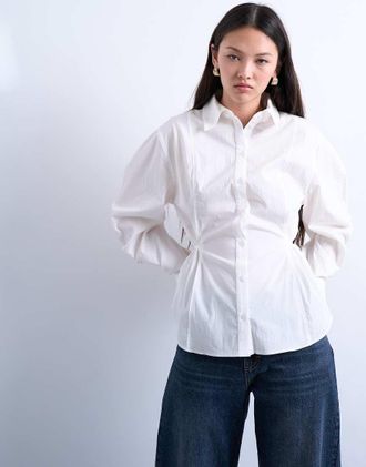 Topshop Camicia a maniche lunghe color avorio allacciata in vita sul retro-Blu