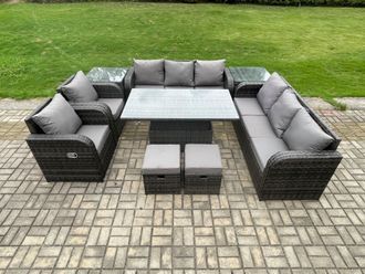 Fimous Rattan Outdoor Garden Furniture Sets Height Adjustable Rising lifting Dining Table Reclining Chair Sofa Set with 2 Side Tables in Dark Grey