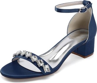 Generic Wedding Shoes Womens Open Toe Satin Chunky Heel Heels Sandals Bridal Shoes Low Heel Prom Party Dress Pumps 4.5Cm,Dark Blue,10 UK