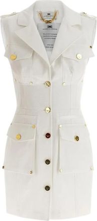 Elisabetta Franchi Cotton Gabardine Jurk met Zakken - Dames - Korte kleedjes - Wit - S - Katoen - Kleedjes