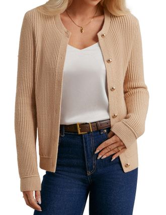 Grace Karin Womens Crew Neck Long Sleeve Cardigans Elegant, Casual Blazer Solid for Women UK, Business Office Knitted Outwear XXL Khaki
