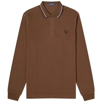 Fred Perry Zwarte Polo Met Dubbele Kraag En Lange Mouwen In De Kleur Burnt Tobacco