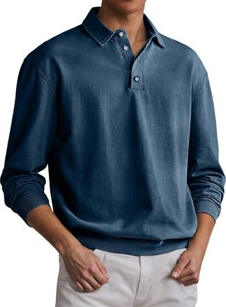 Generic Polo Shirts Mens Solid Color Loose-fit Pullover Tops Button Collared Polos for Business Casual Outings and Relaxation Lapel Long Sleeve Polo Shirt Coz