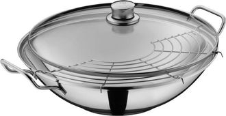 WMF Party Taiwan - Wok a induzione, 36 cm, con coperchio e griglia di appoggio, in acciaio inox Cromargan non rivestito, adatto al forno