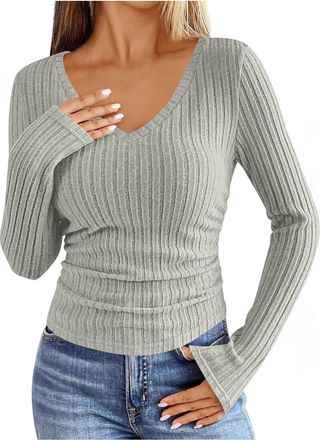 Generic Ladies V Neck Jumpers - Knitted, Ribbed, Long Sleeve, Stretchy Sweater Tops, Plain, Solid Color, Casual Knitwear, Slim Fit Sexy Basic Tee Tops Y2K, Gr
