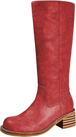 Generic Fashionable and Elegant Mid Calf Boots Knee High Boots High Heeled Long Boots Wide Calf Boots for Women with Heel (Red, 6)