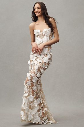 Bronx and Banco Jasmine Strapless Floral Appliqu&eacute; Sheer Maxi Dress