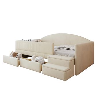 STILVORA Letto Divano 90 X 190 Cm In Velluto Con 2 Cassetti, Sbarra E Scala Antiscivolo, Senza Materasso, Beige