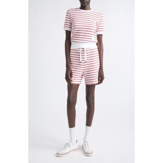 Thom Browne Stripe Cotton Honeycomb Jacquard Shorts in White/Red at Nordstrom, Size 10 Us