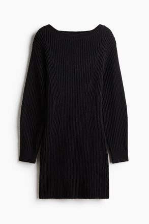 H&M Geripptes Kleid mit U-Boot-Ausschnitt - Schwarz