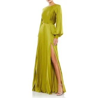 Mac Duggal Long Sleeve Structured Bow Draped Gown in Chartreuse at Nordstrom, Size 10