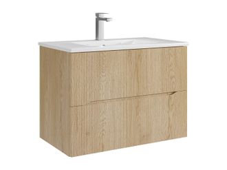 Vente-Unique Mueble de ba&ntilde;o suspendido estriado con lavabo de empotrar y grifo - Natural claro - 80 cm - ORISO