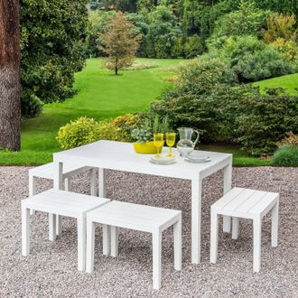 Dmora Sal&oacute;n De Jard&iacute;n Sanremo, Conjunto De Jard&iacute;n Con 1 Mesa Rectangular Y 4 Bancos, Conjunto De Interior Y Exterior Para Pic Nic, 100% Made In Italy, Blanc