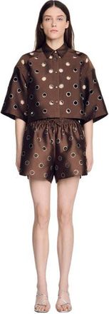Sandro Oversized shirt with rhinestones holes in Brown at Nordstrom, Size X-Large