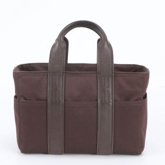 Herm&egrave;s Brown Leather Canvas Handbag Shoulder Bag Tote Bag (Pre-Owned)